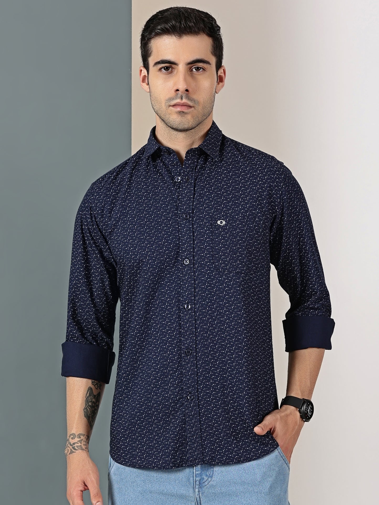 Navy Blue minimal Chic mictro print shirt