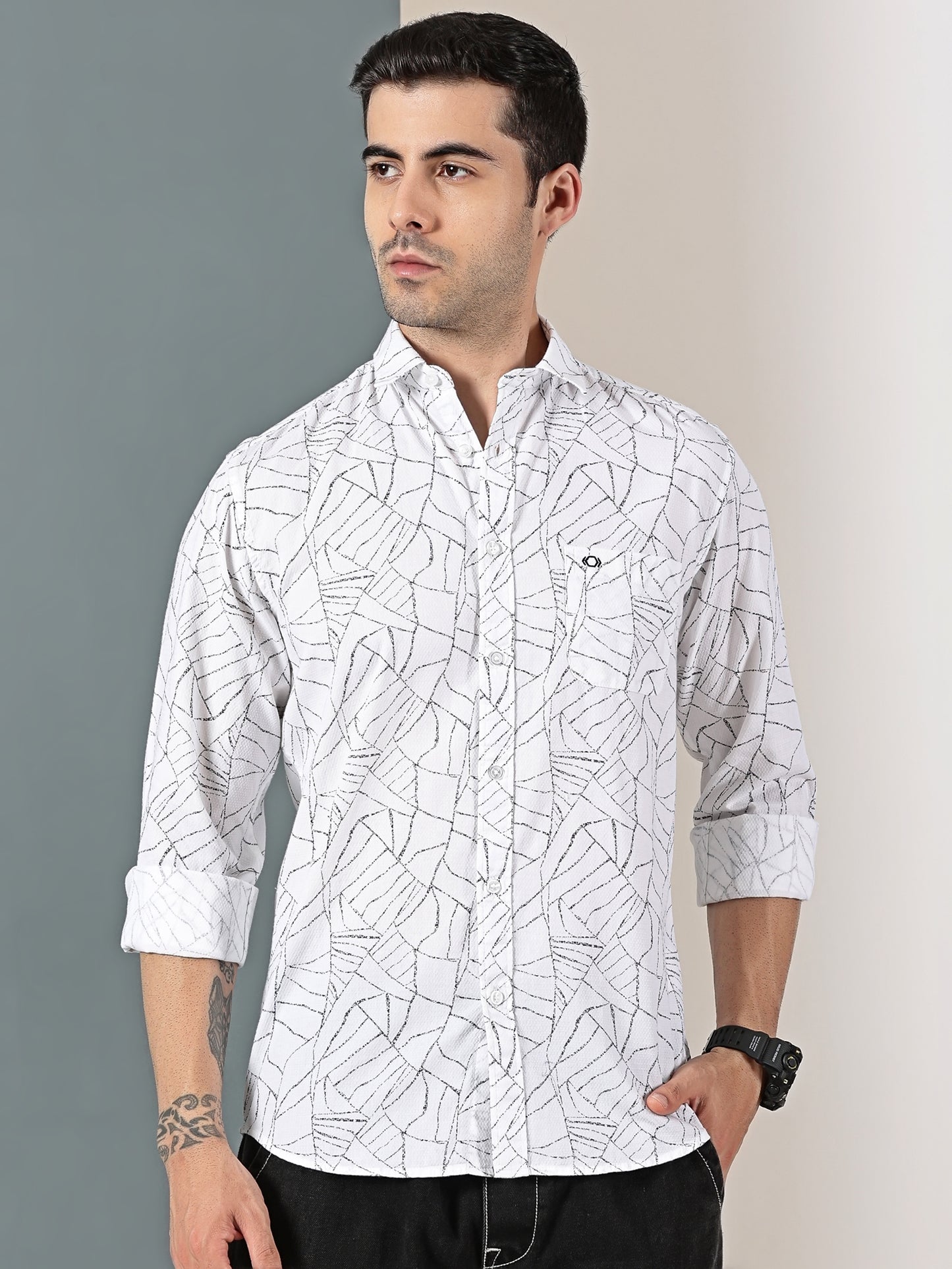 White Dobby Abstract webline Print Shirt