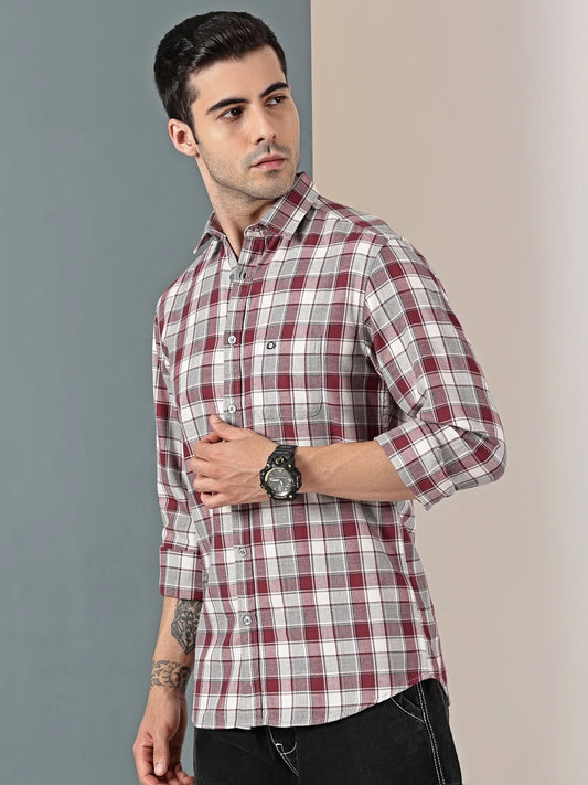 Burgundy Mรฉlange Check Twill Shirt