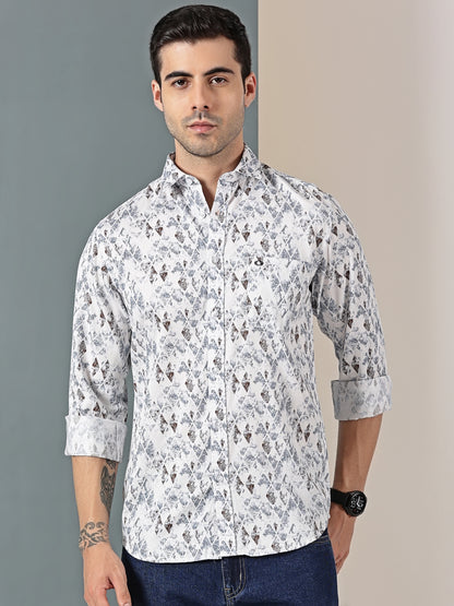 White & Blue Satin Print Shirt