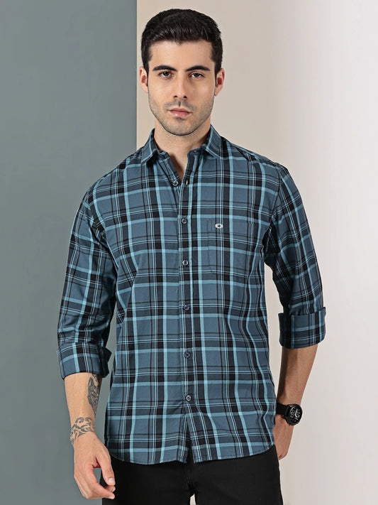 Blue check Giza cotton shirt
