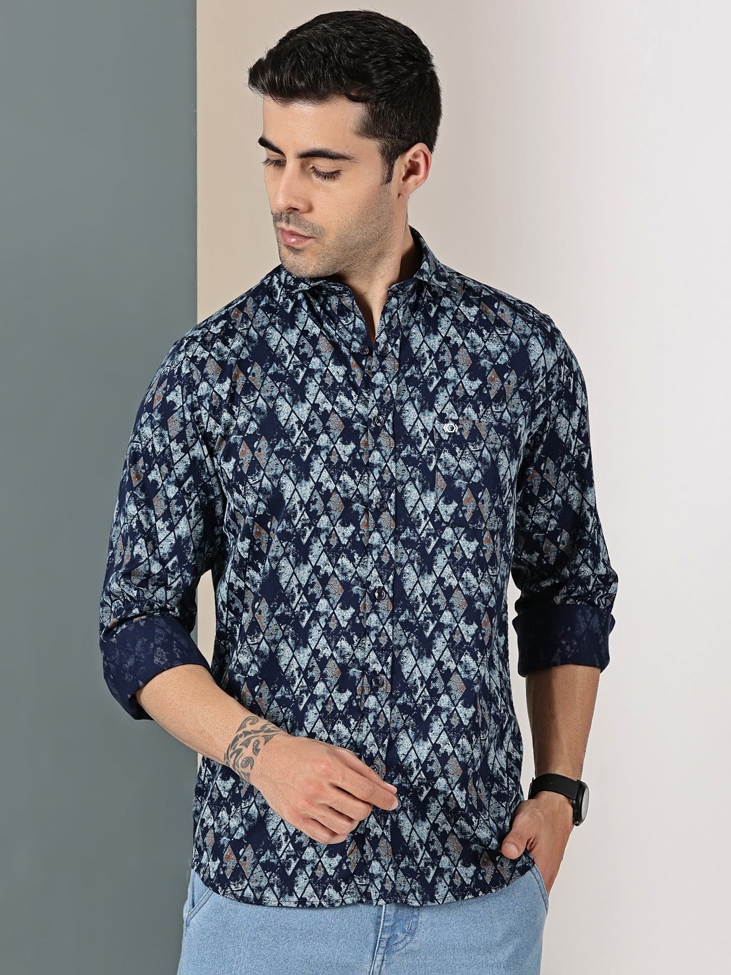 Navy Blue Satin Print