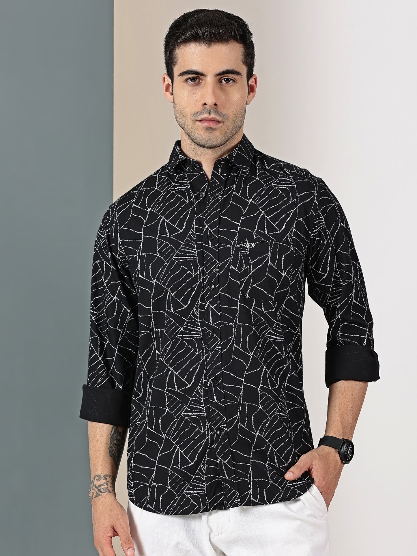Black Dobby Abstract webline Print Shirt