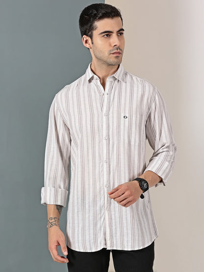 Beige Cotton-Linen Dobby Stripe Shirt