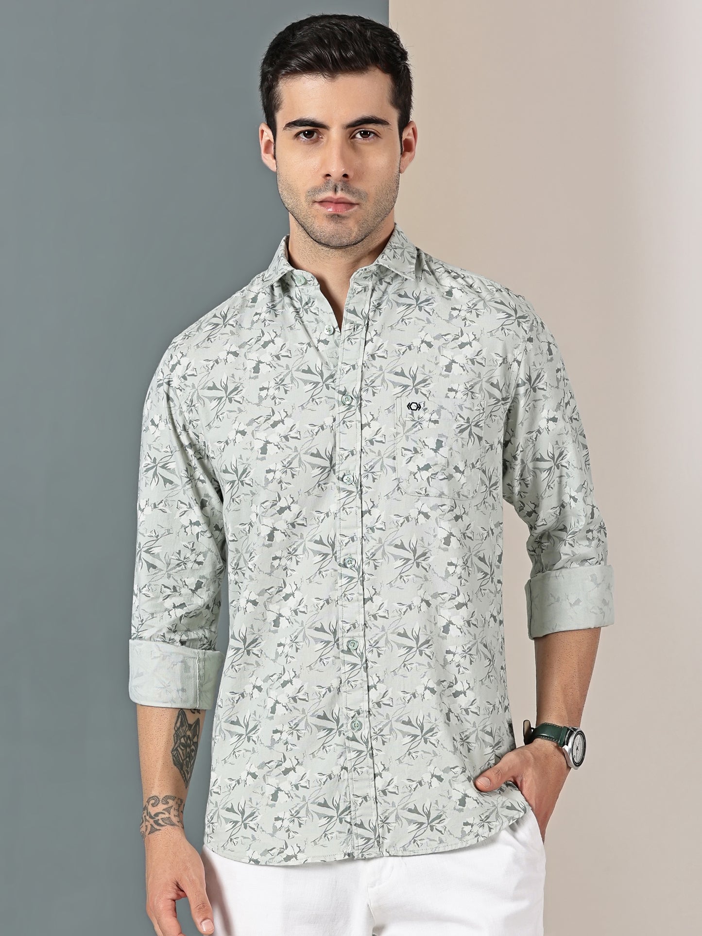 Seafoam Botanical Dobby Shirt – Cool Tonal Leaf Print