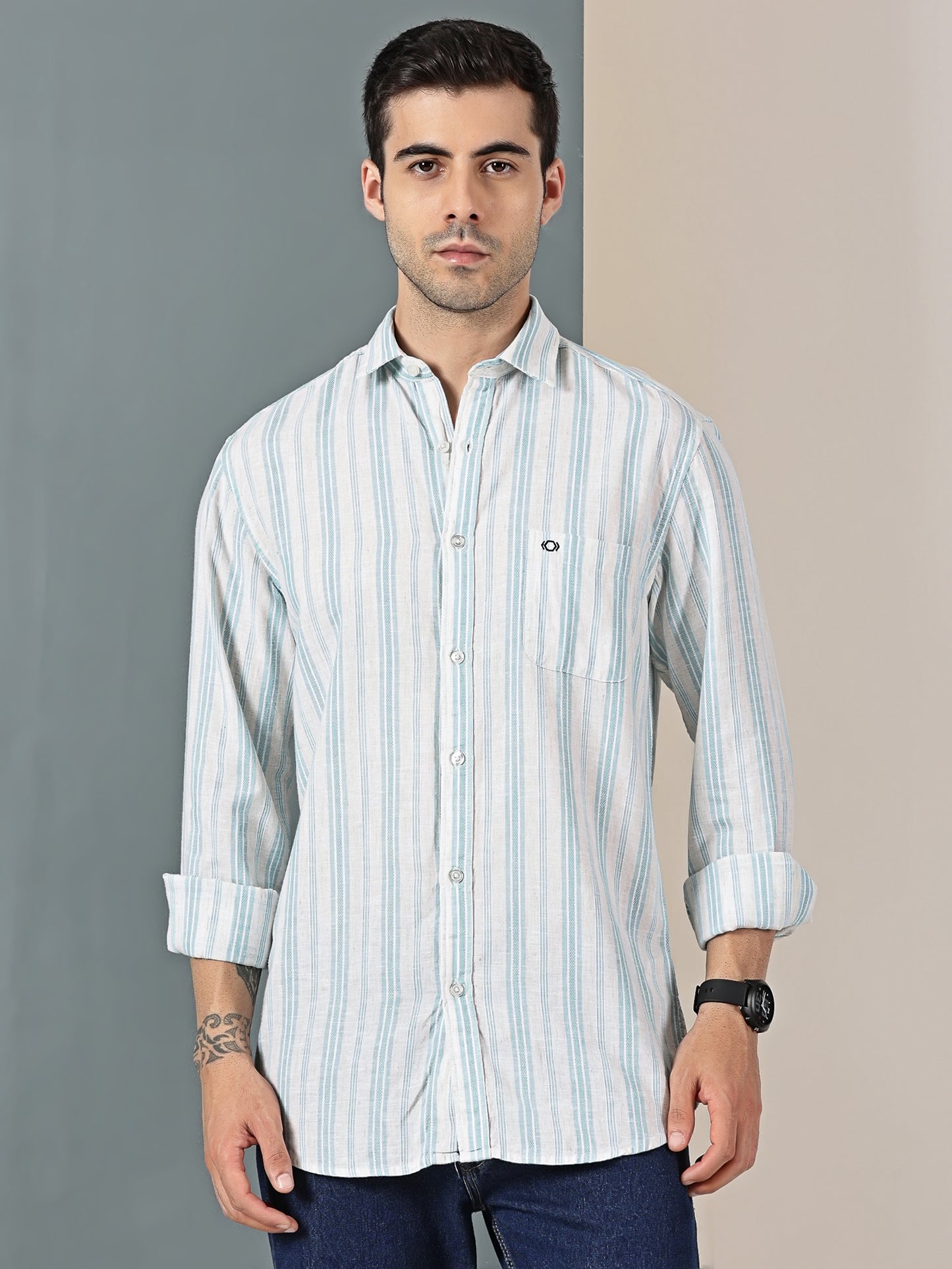 Aqua Blue Cotton-Linen Dobby Stripe Shirt