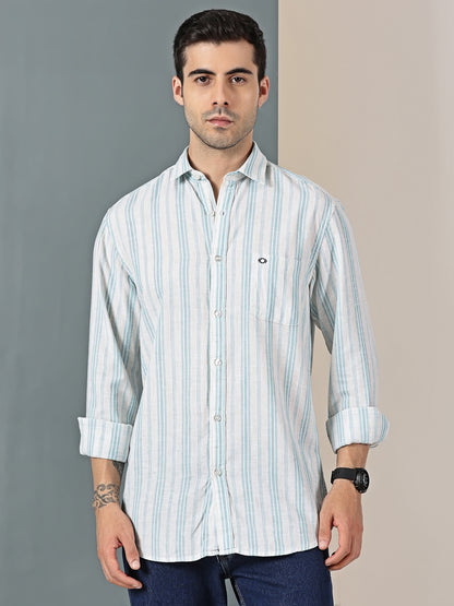 Aqua Blue Cotton-Linen Dobby Stripe Shirt