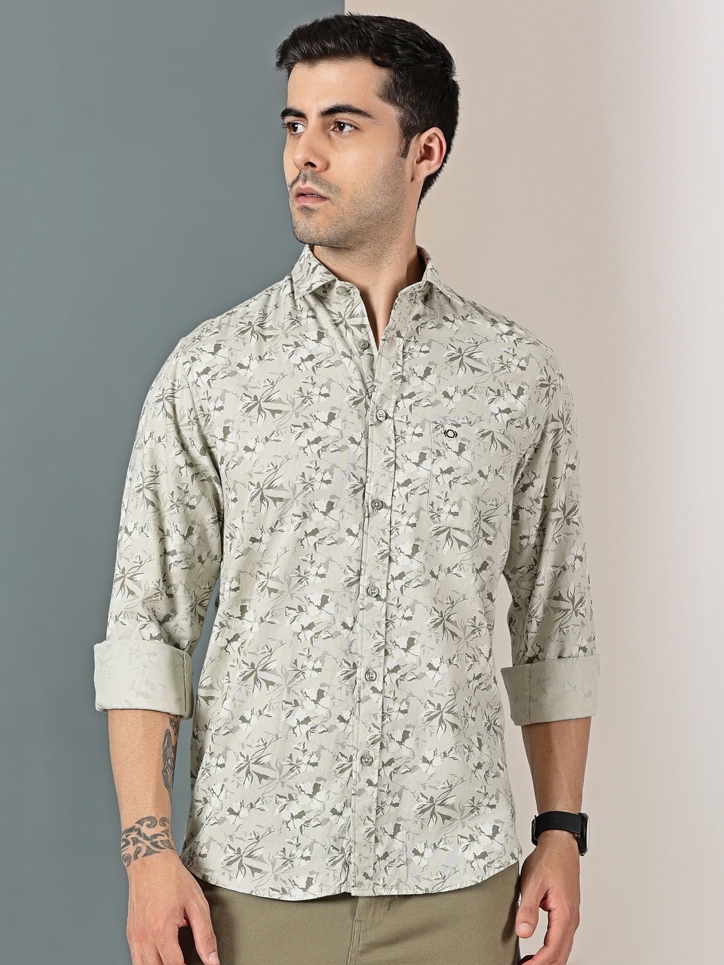 Sand Sage Botanical Dobby Shirt – Subtle Tropical Print