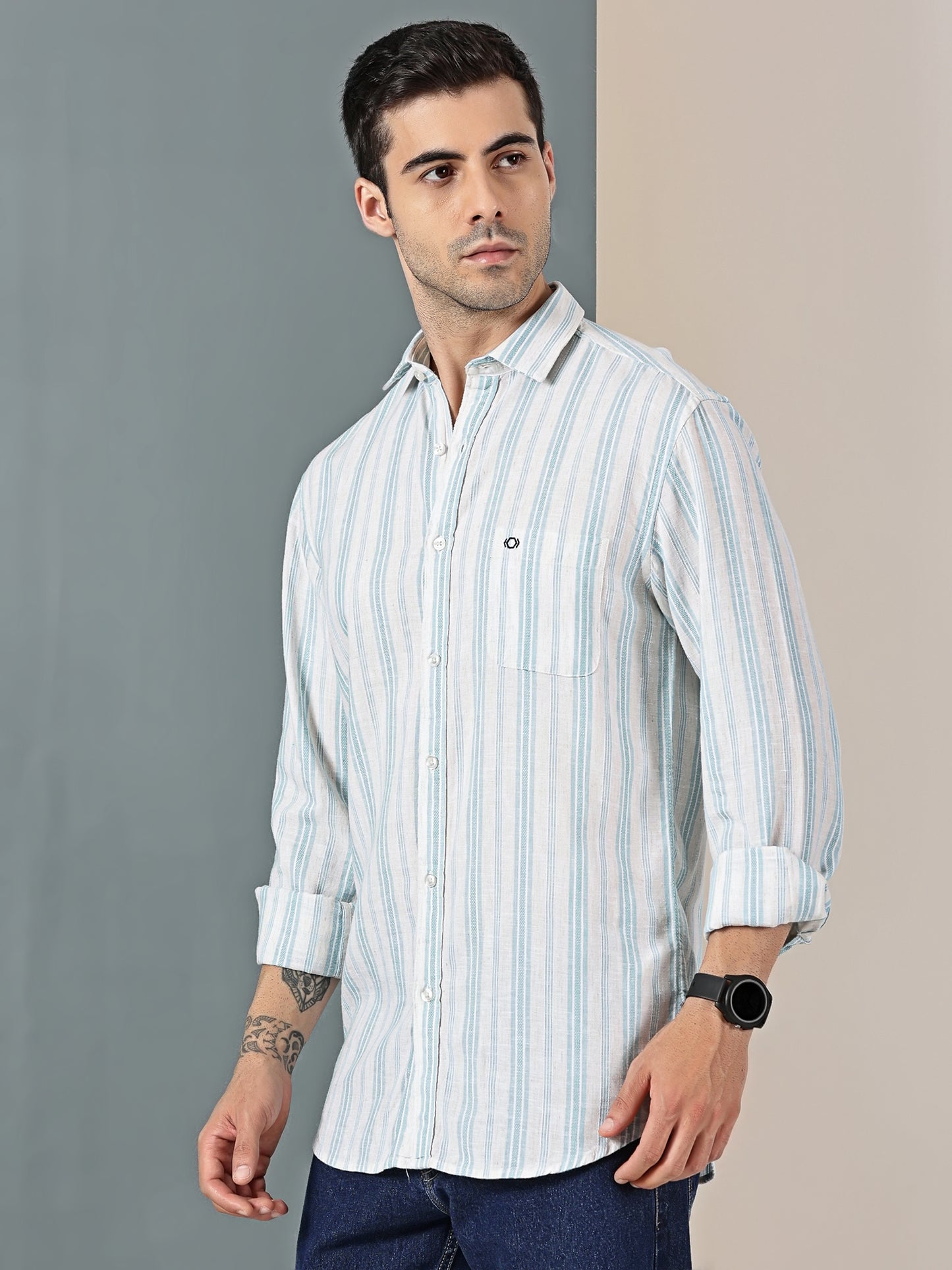 Aqua Blue Cotton-Linen Dobby Stripe Shirt