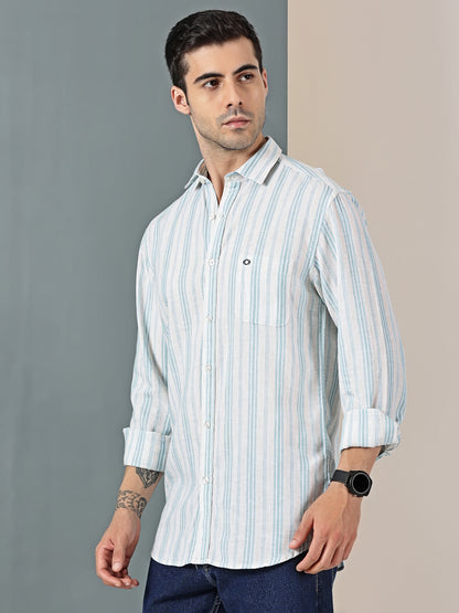 Aqua Blue Cotton-Linen Dobby Stripe Shirt