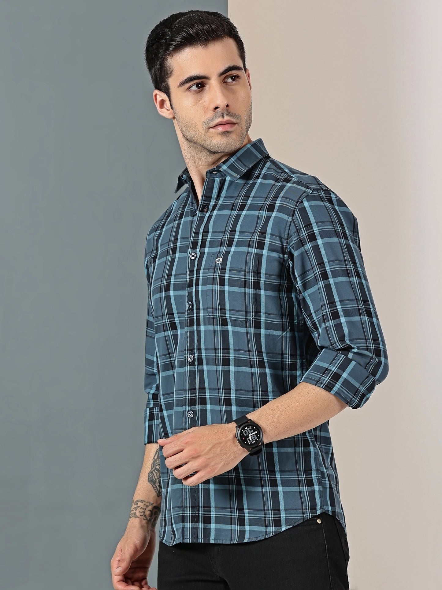Blue check Giza cotton shirt