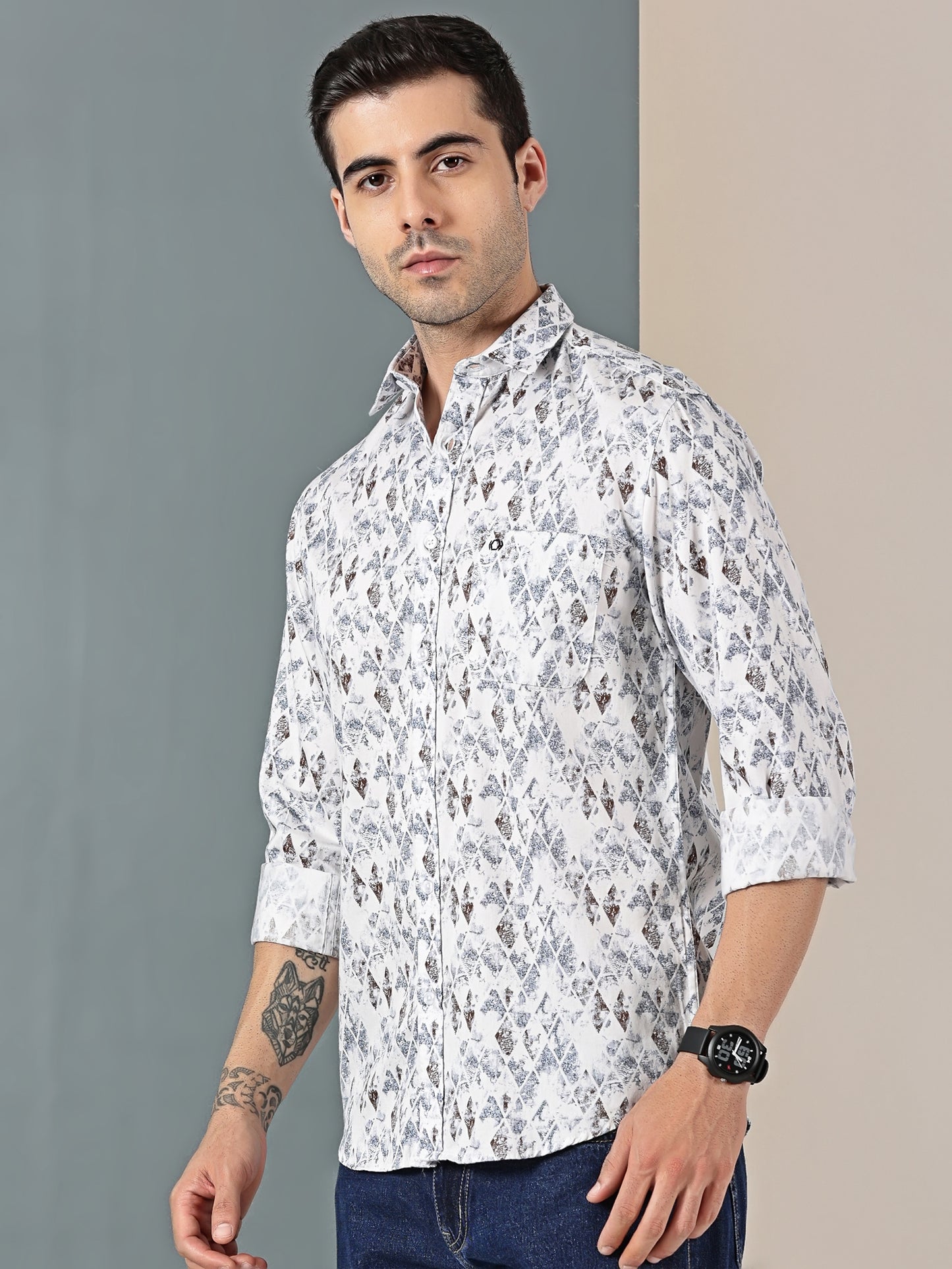 White & Blue Satin Print Shirt