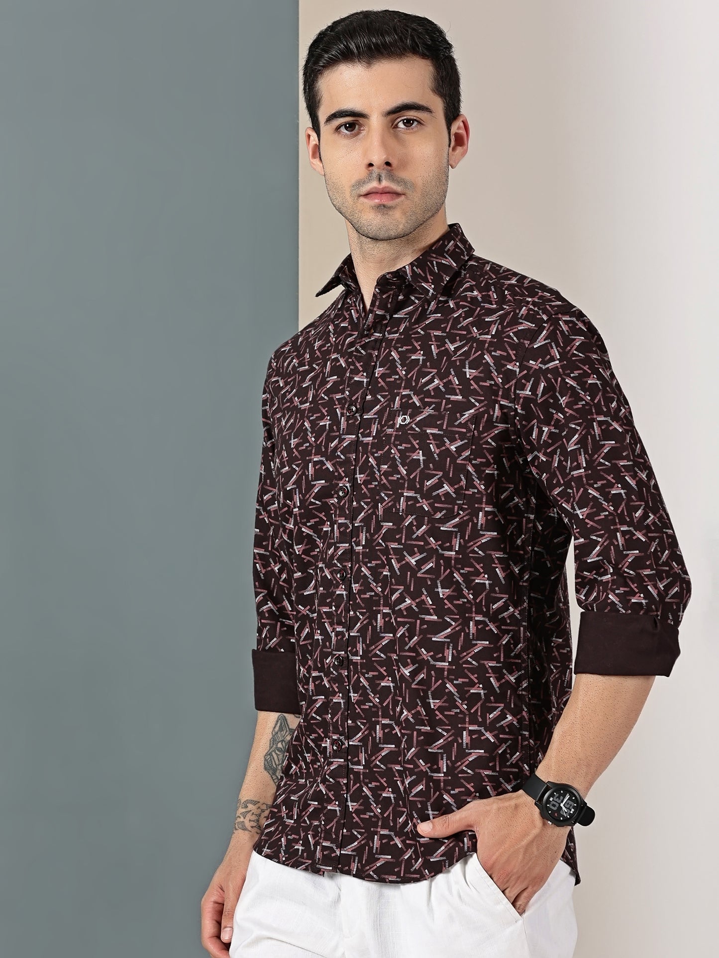 Maroon Geometric Oxford Print Shirt