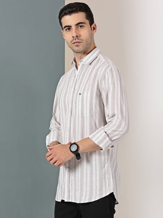 Beige Cotton-Linen Dobby Stripe Shirt