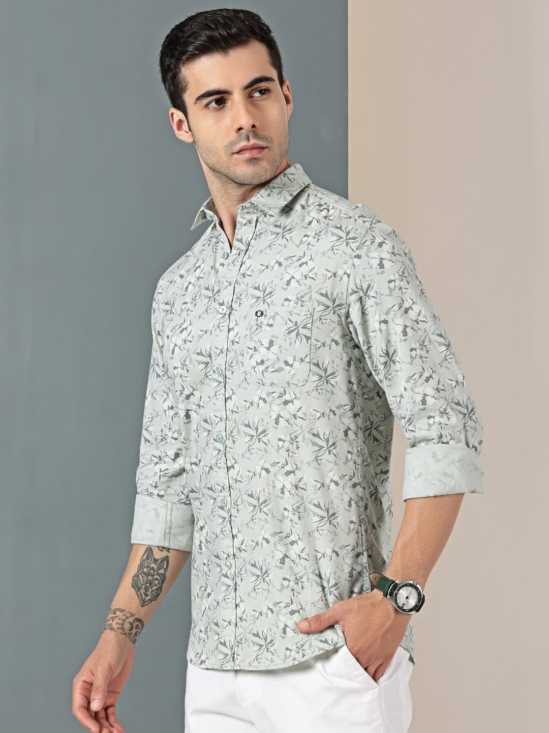 Seafoam Botanical Dobby Shirt – Cool Tonal Leaf Print