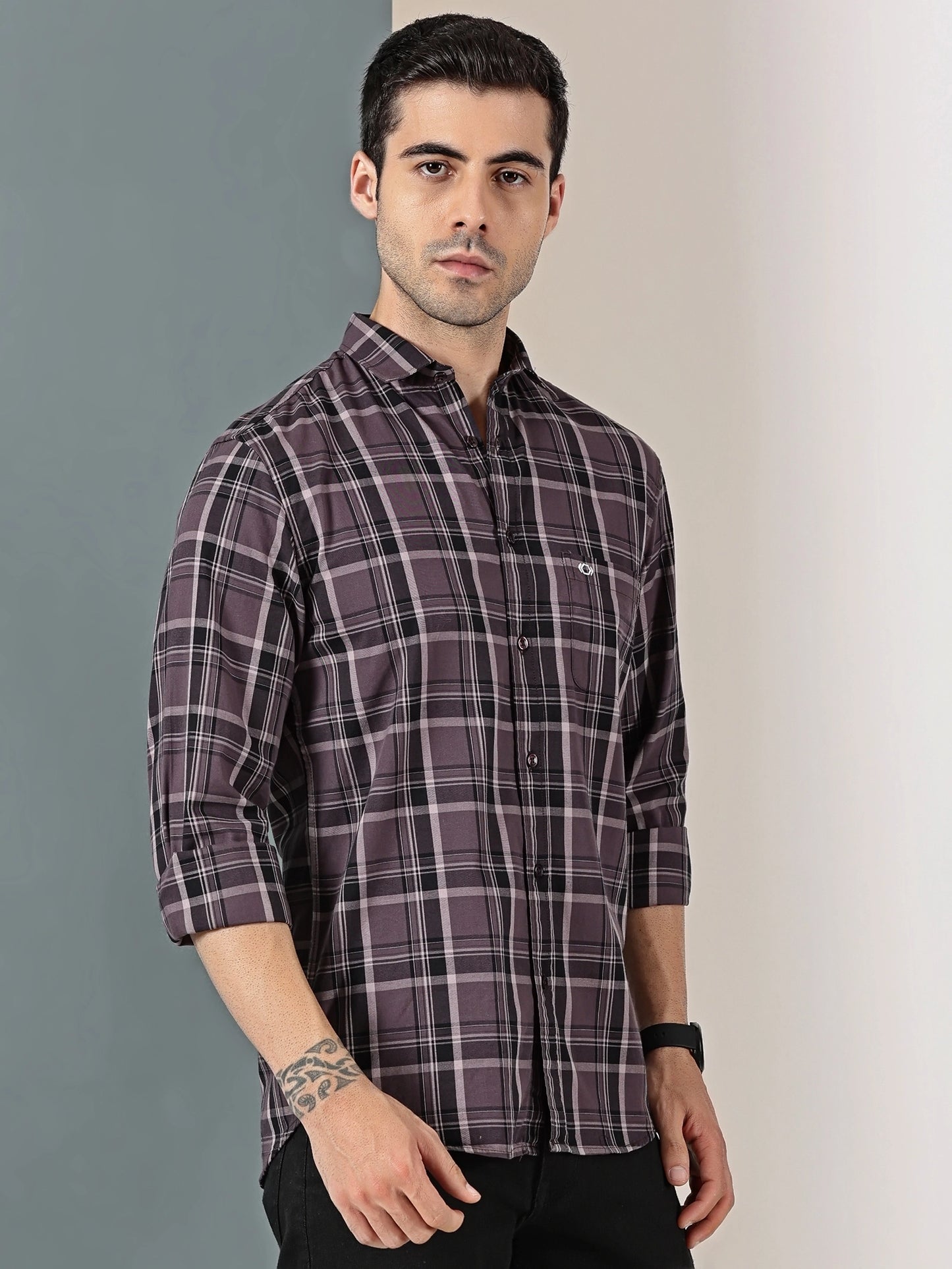 Plum check Giza cotton shirt