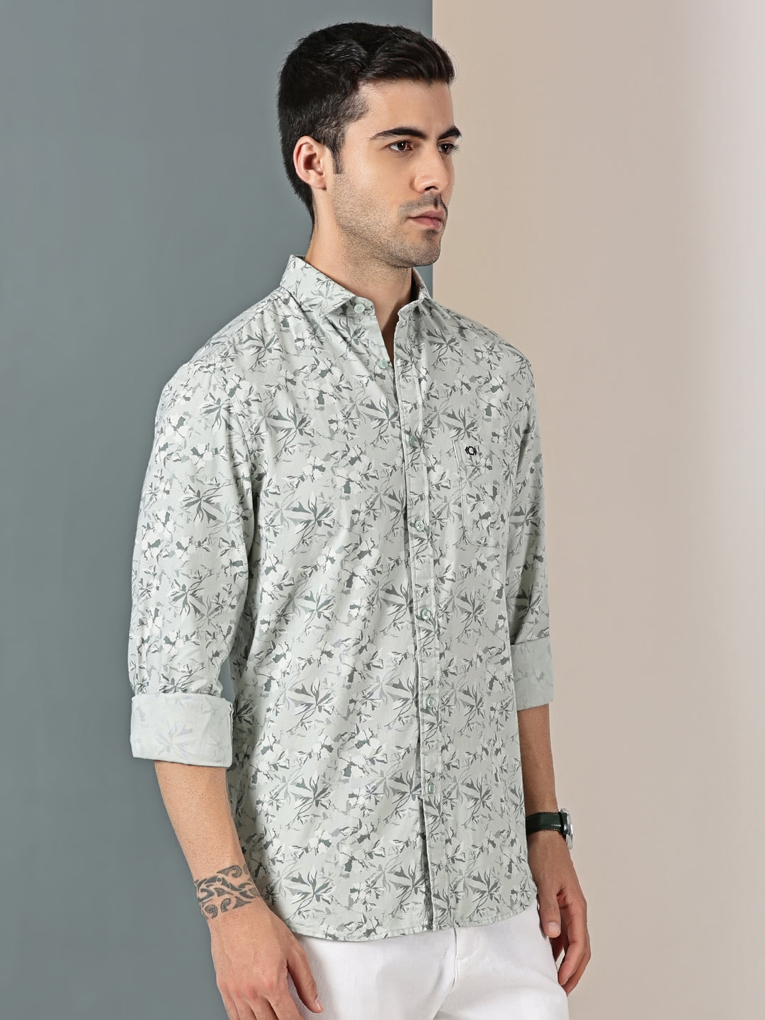 Seafoam Botanical Dobby Shirt – Cool Tonal Leaf Print