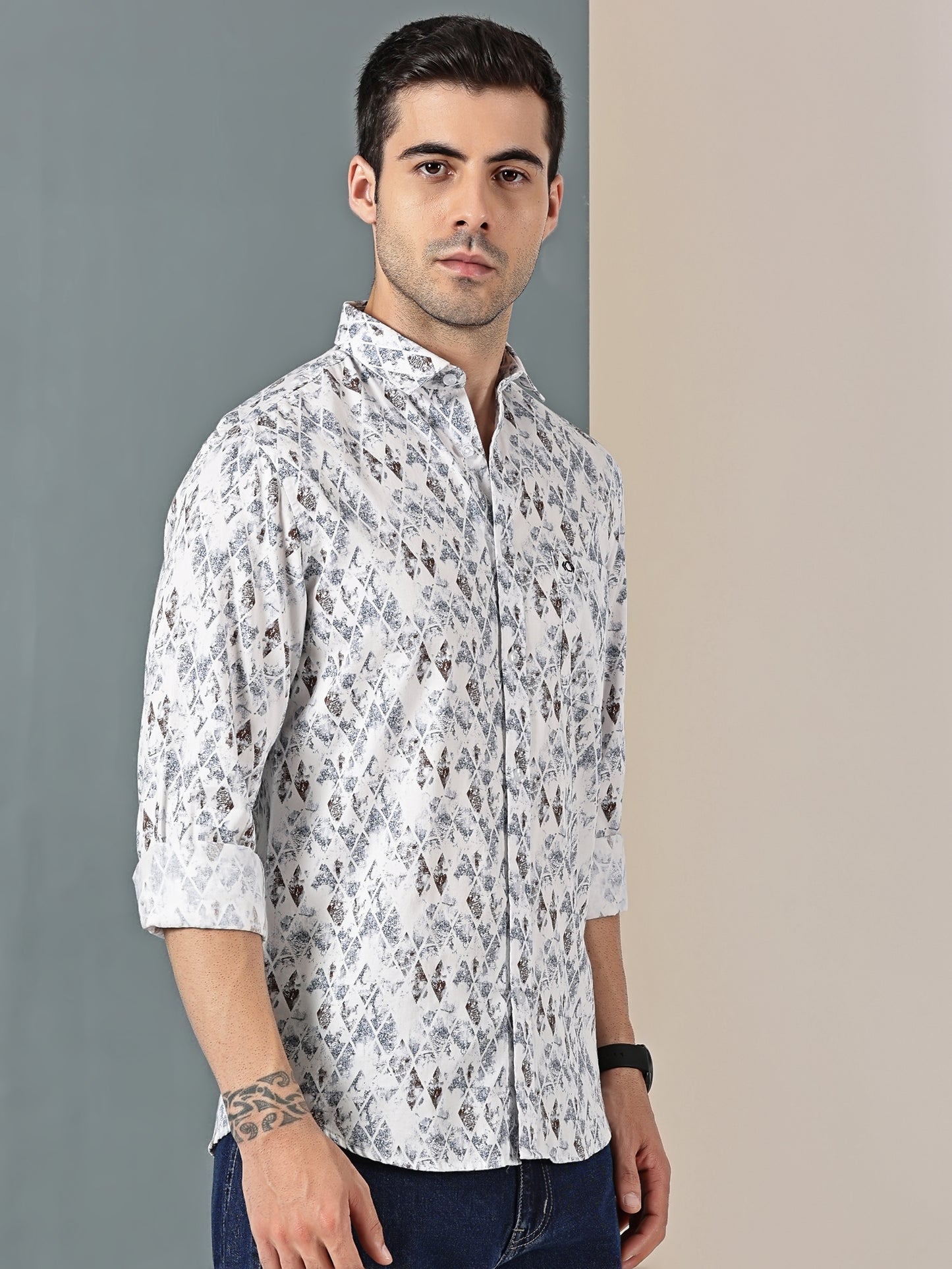 White & Blue Satin Print Shirt