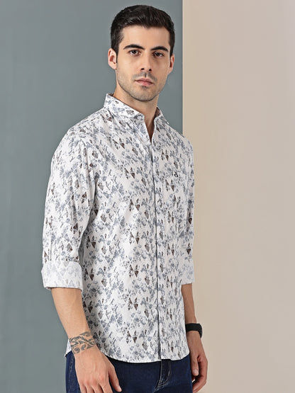 White & Blue Satin Print Shirt