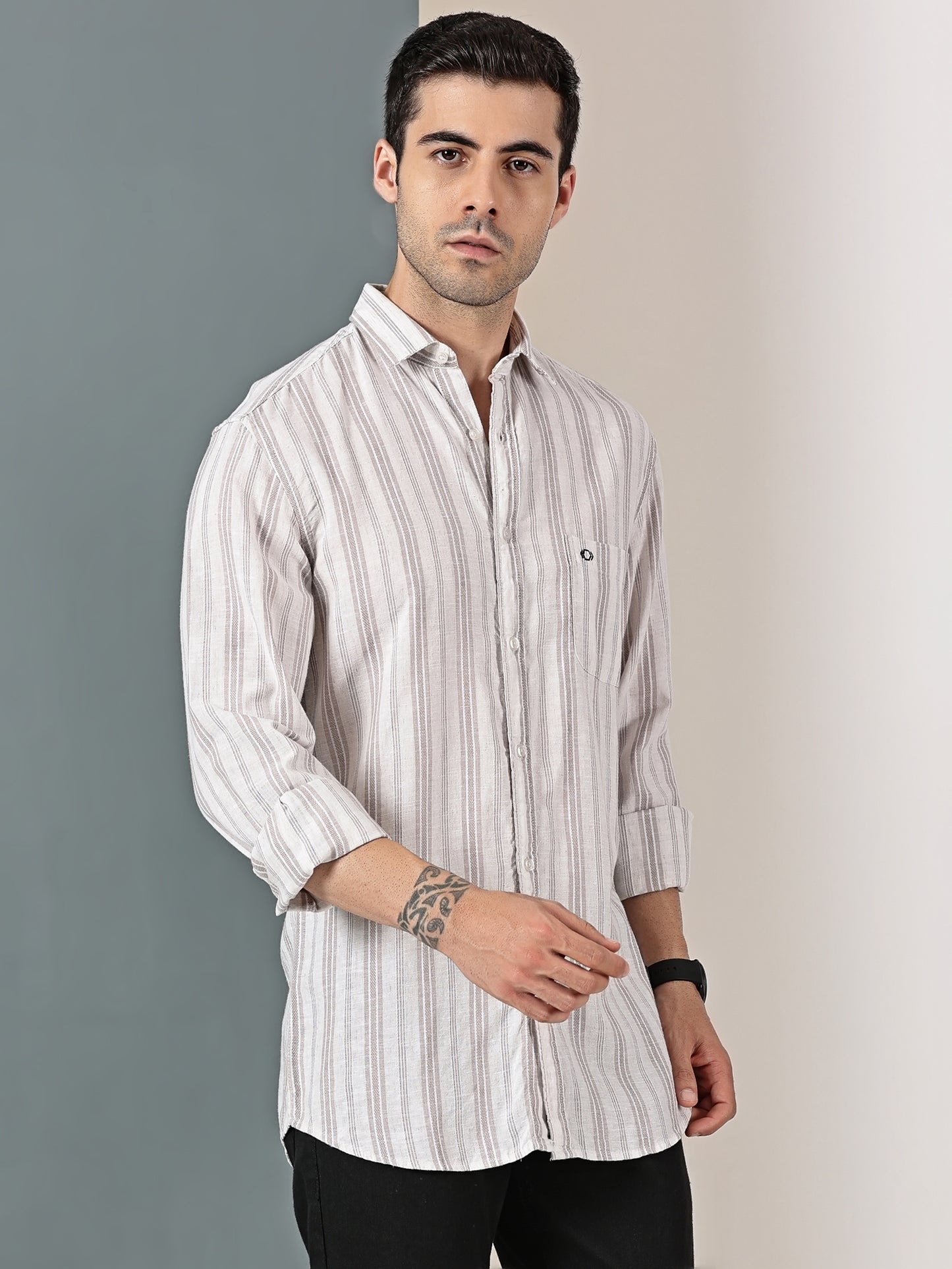 Beige Cotton-Linen Dobby Stripe Shirt