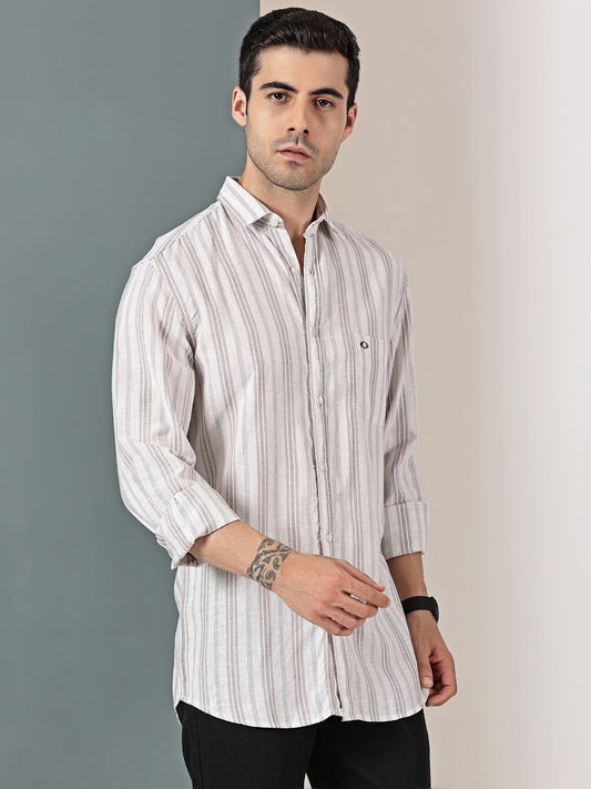 Beige Cotton-Linen Dobby Stripe Shirt