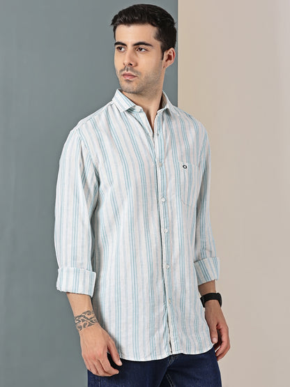 Aqua Blue Cotton-Linen Dobby Stripe Shirt