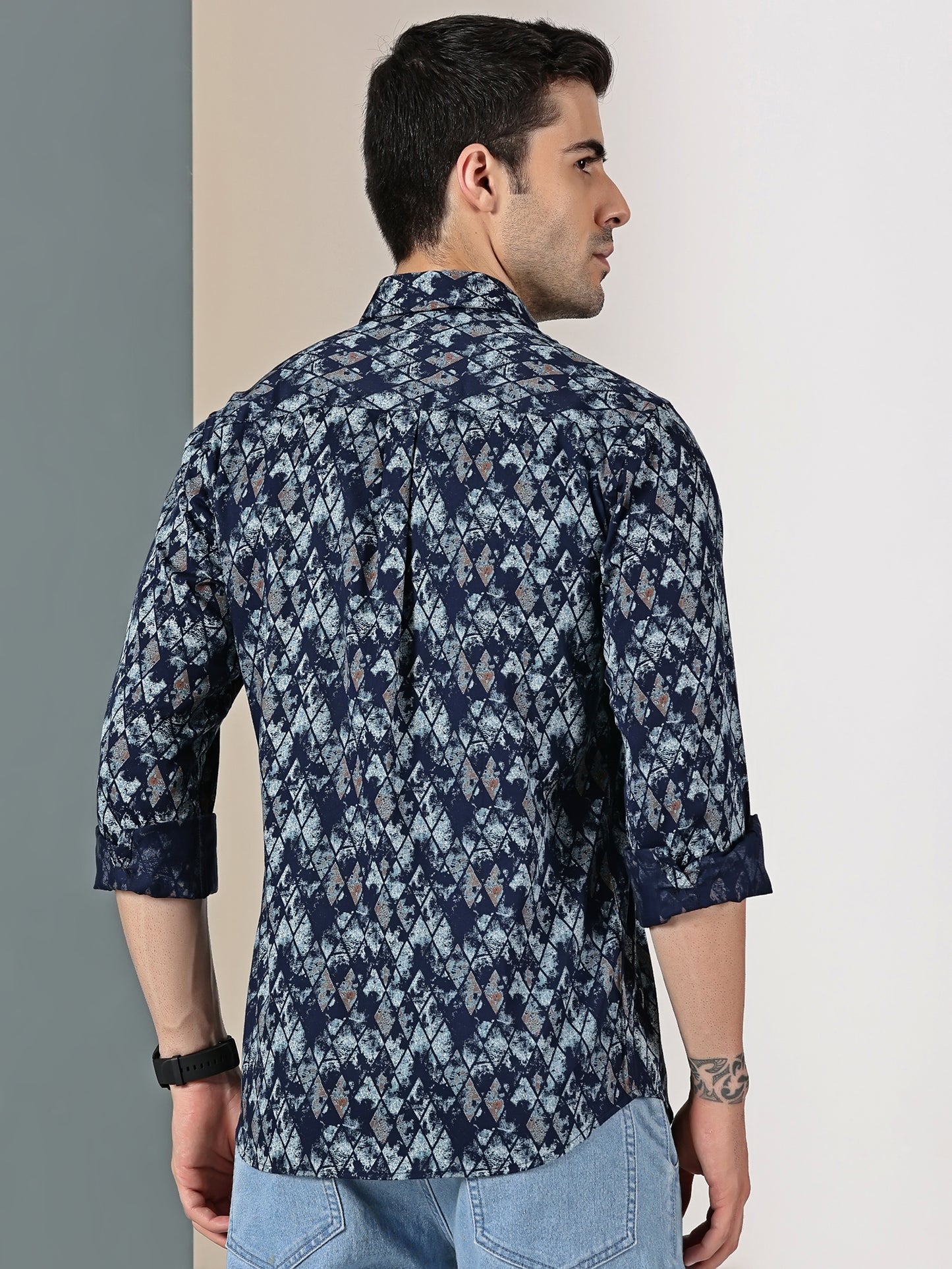 Navy Blue Satin Print