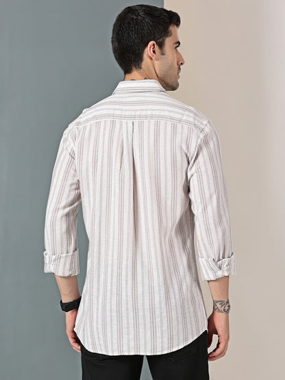 Beige Cotton-Linen Dobby Stripe Shirt