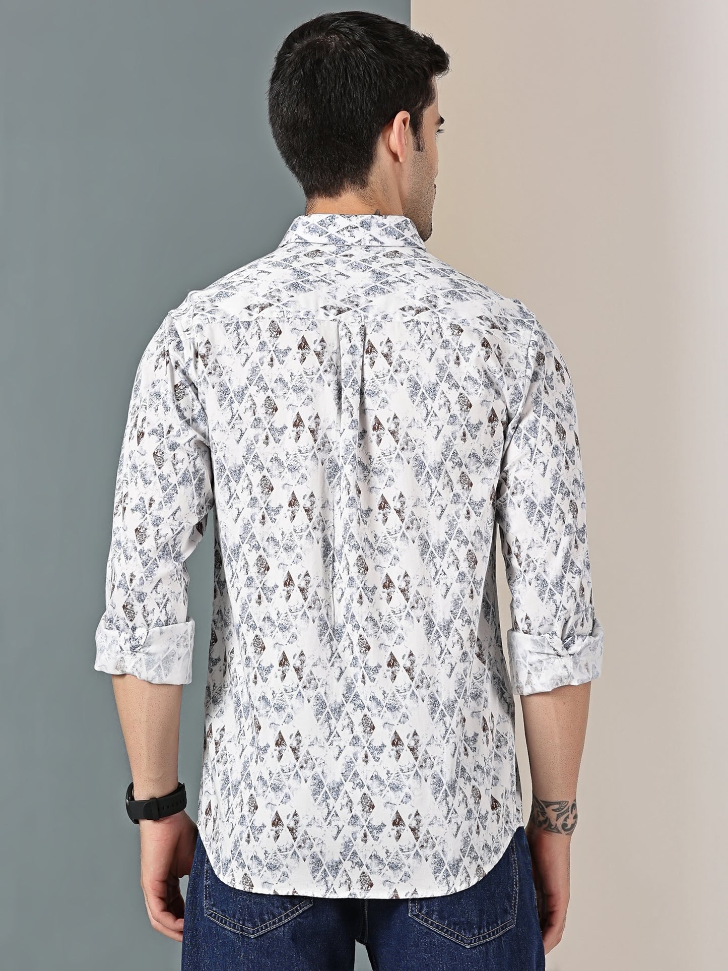 White & Blue Satin Print Shirt