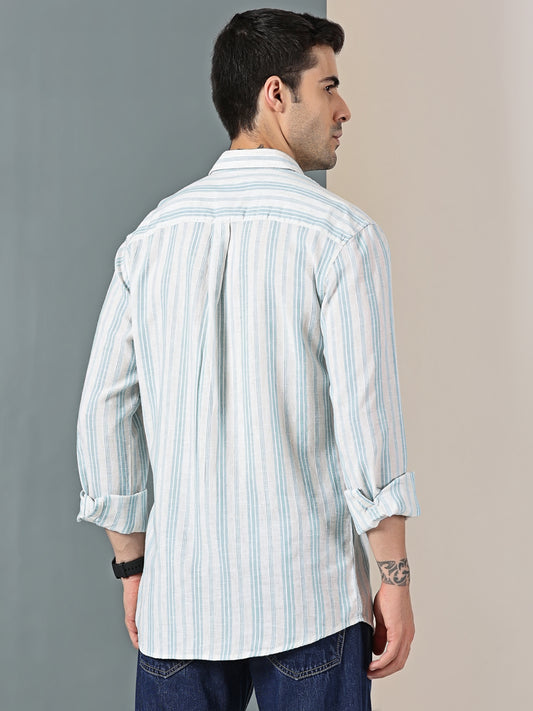 Aqua Blue Cotton-Linen Dobby Stripe Shirt