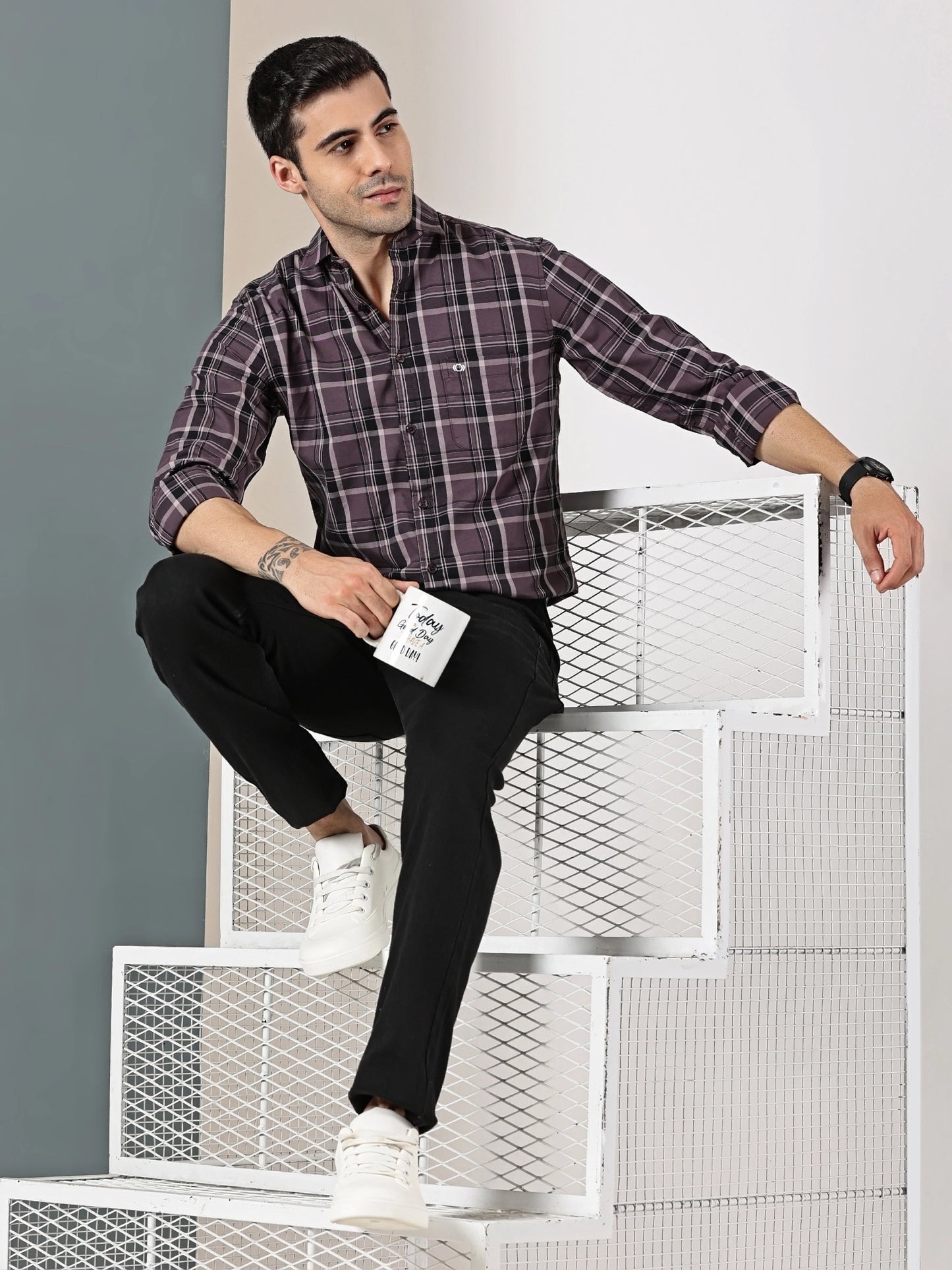 Plum check Giza cotton shirt