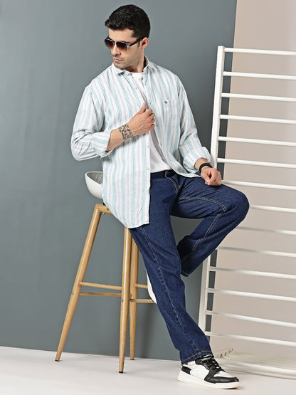 Aqua Blue Cotton-Linen Dobby Stripe Shirt