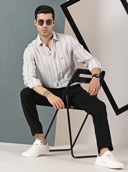 Beige Cotton-Linen Dobby Stripe Shirt