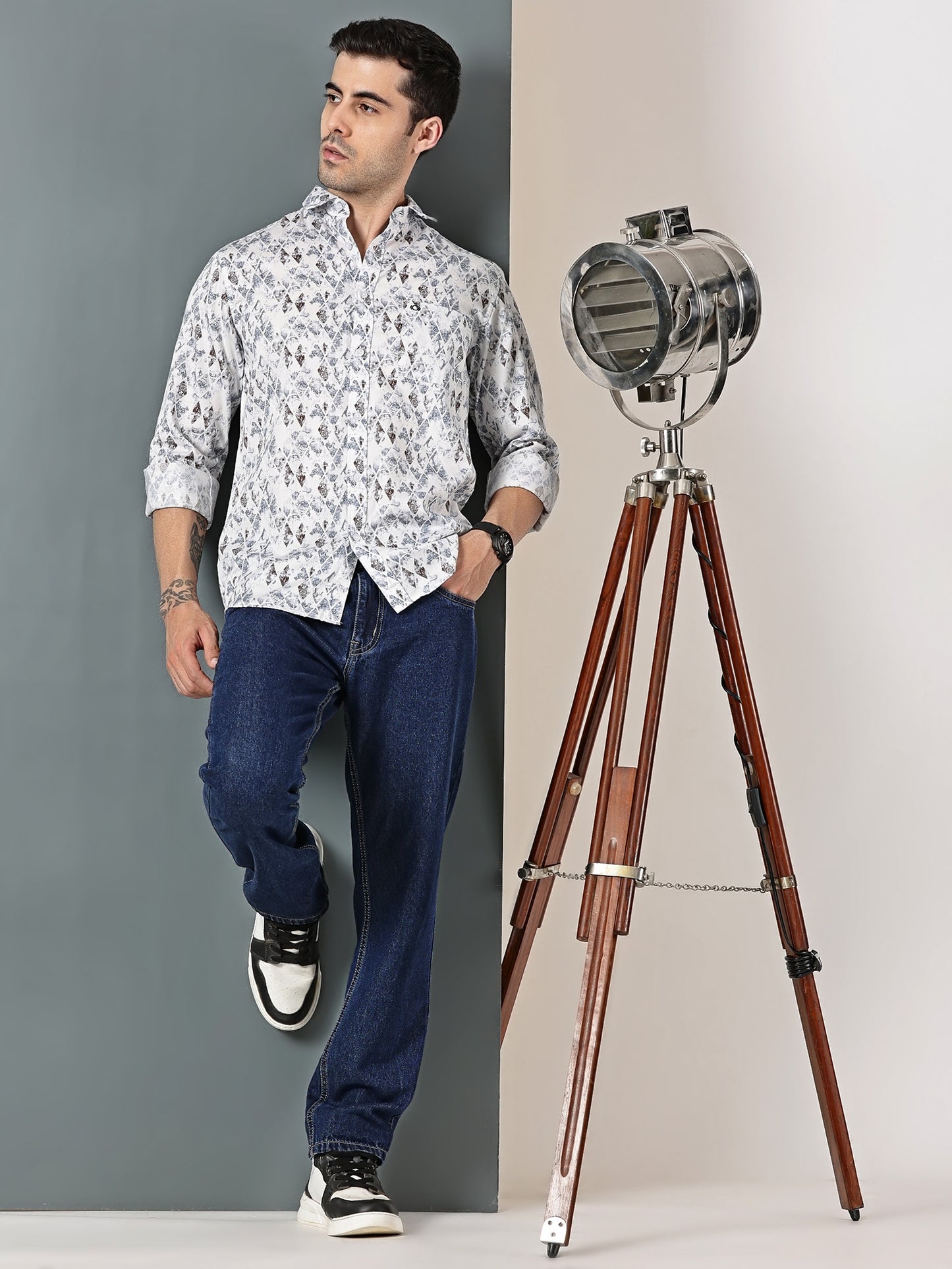 White & Blue Satin Print Shirt