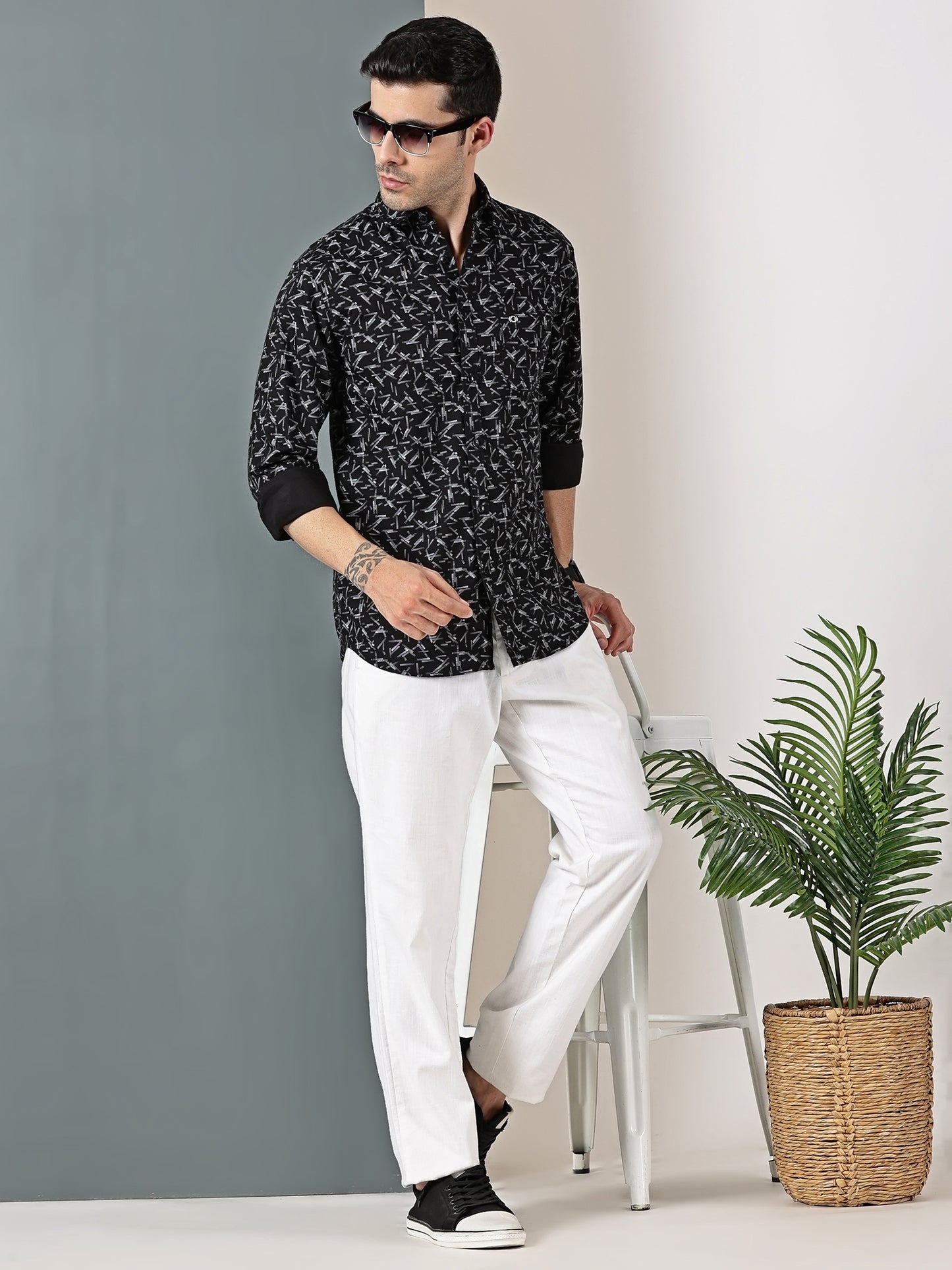 Black  Geometric Oxford Print Shirt