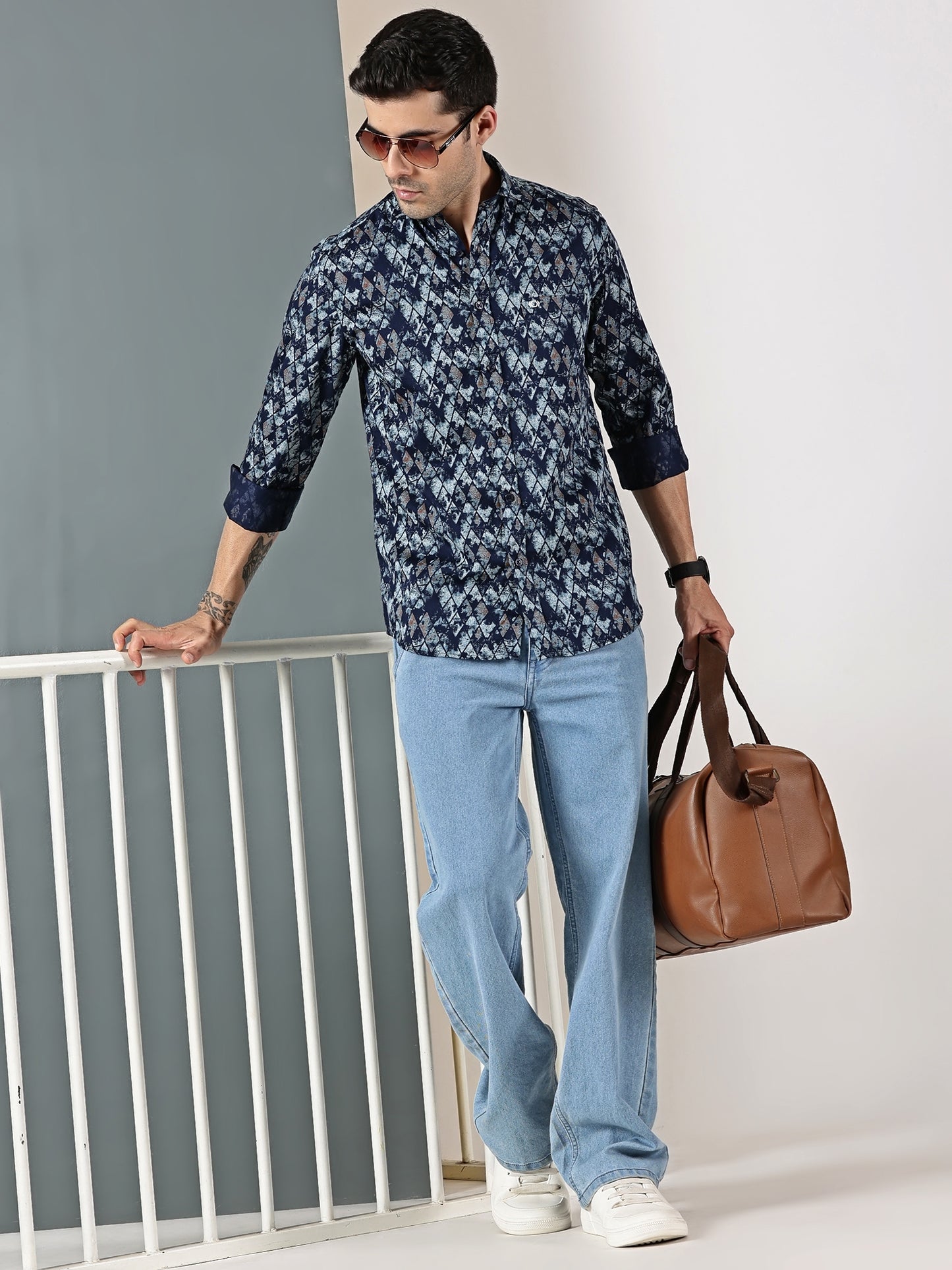 Navy Blue Satin Print