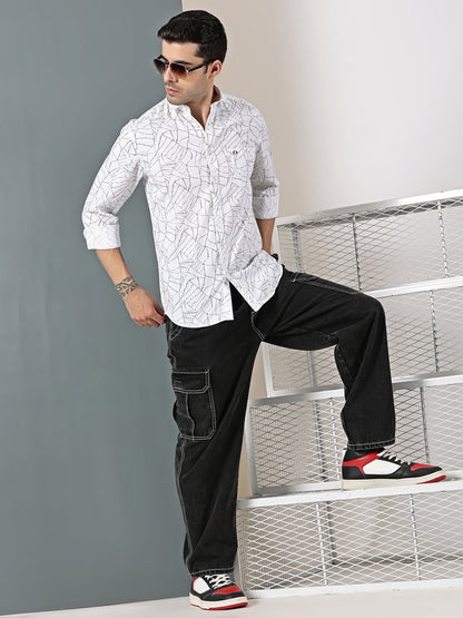 White Dobby Abstract webline Print Shirt