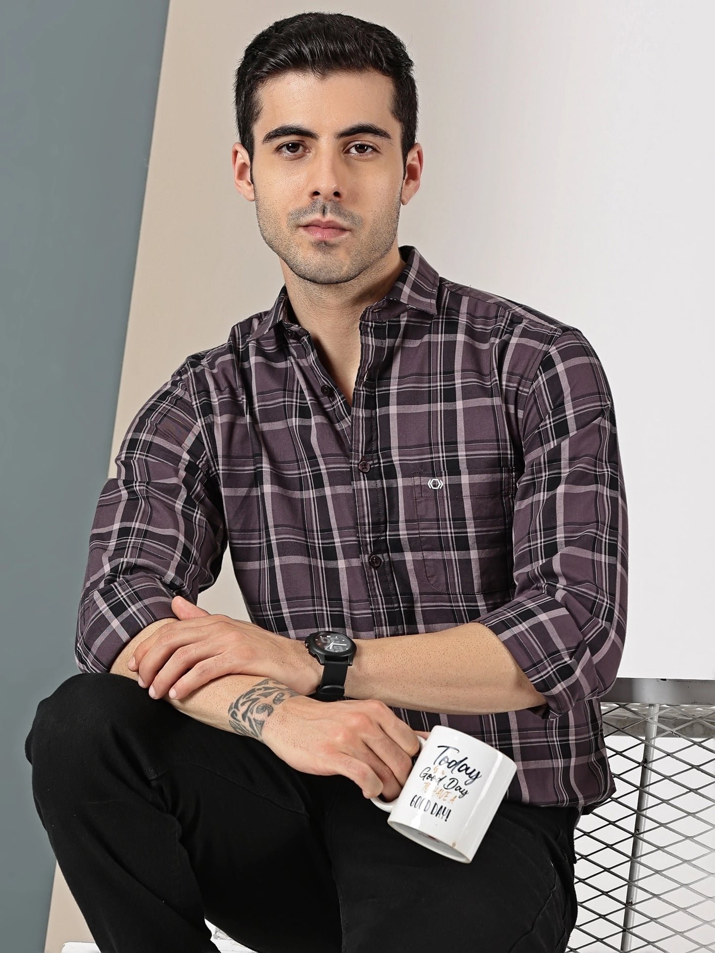 Plum check Giza cotton shirt