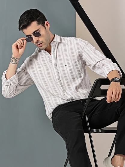 Beige Cotton-Linen Dobby Stripe Shirt