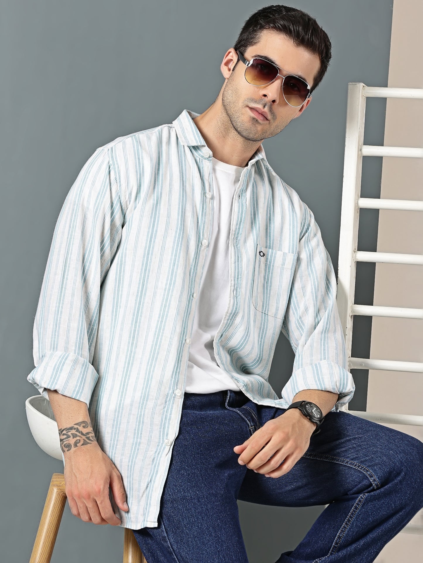 Aqua Blue Cotton-Linen Dobby Stripe Shirt