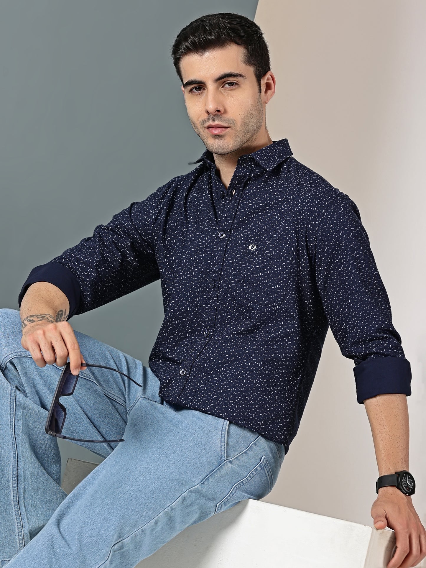 Navy Blue minimal Chic mictro print shirt