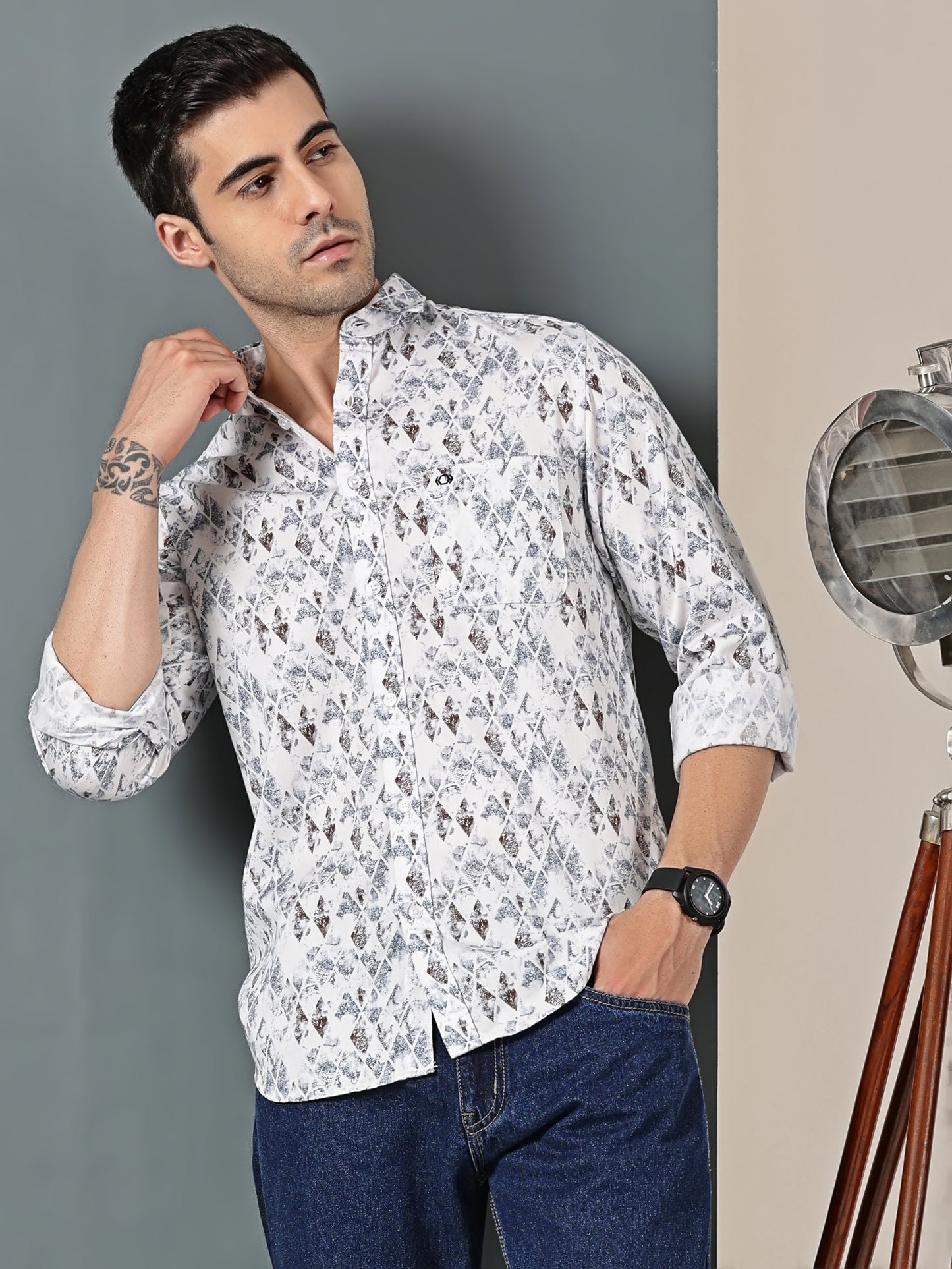 White & Blue Satin Print Shirt