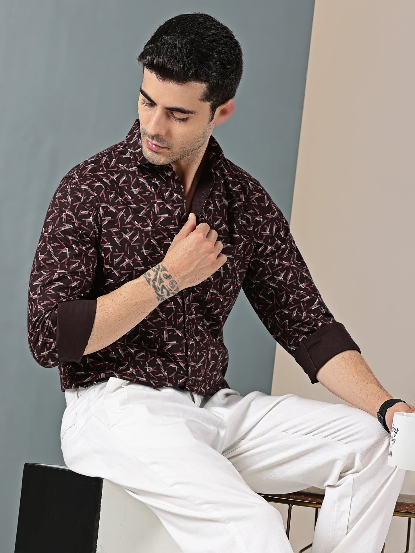 Maroon Geometric Oxford Print Shirt