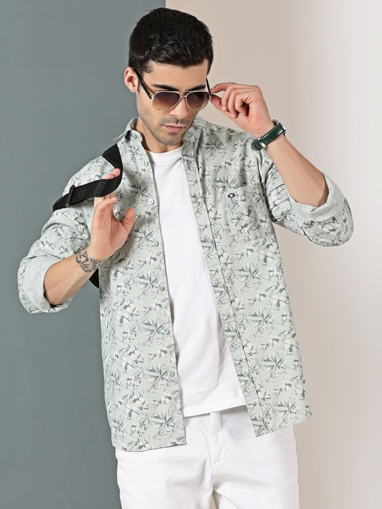 Seafoam Botanical Dobby Shirt – Cool Tonal Leaf Print