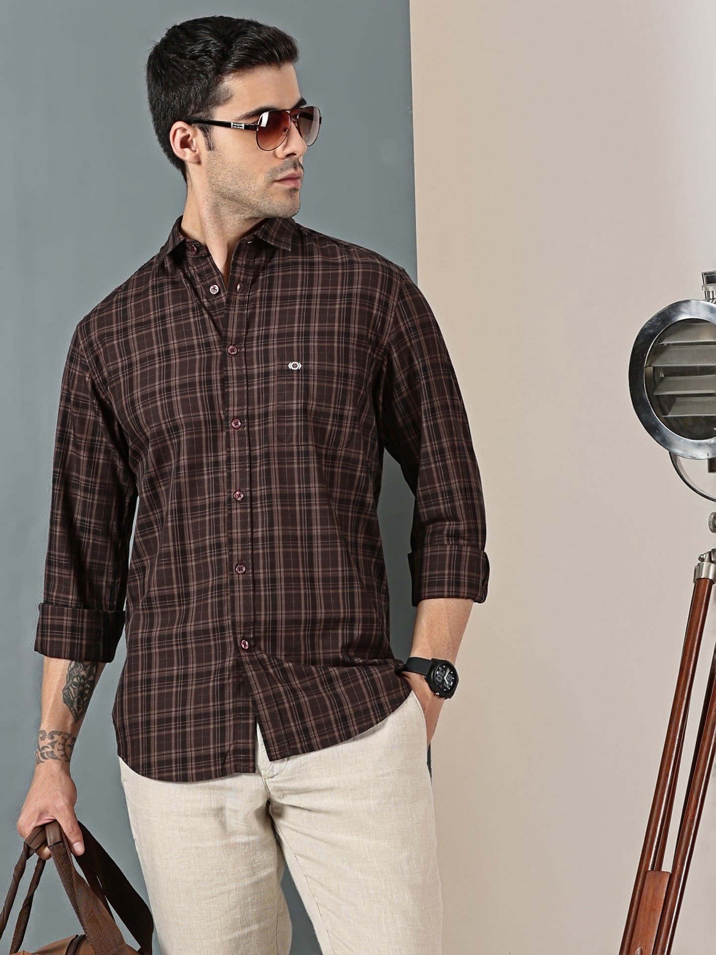 Deep Brown Check Giza Cotton Shirt