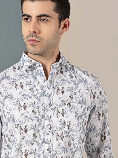 White & Blue Satin Print Shirt