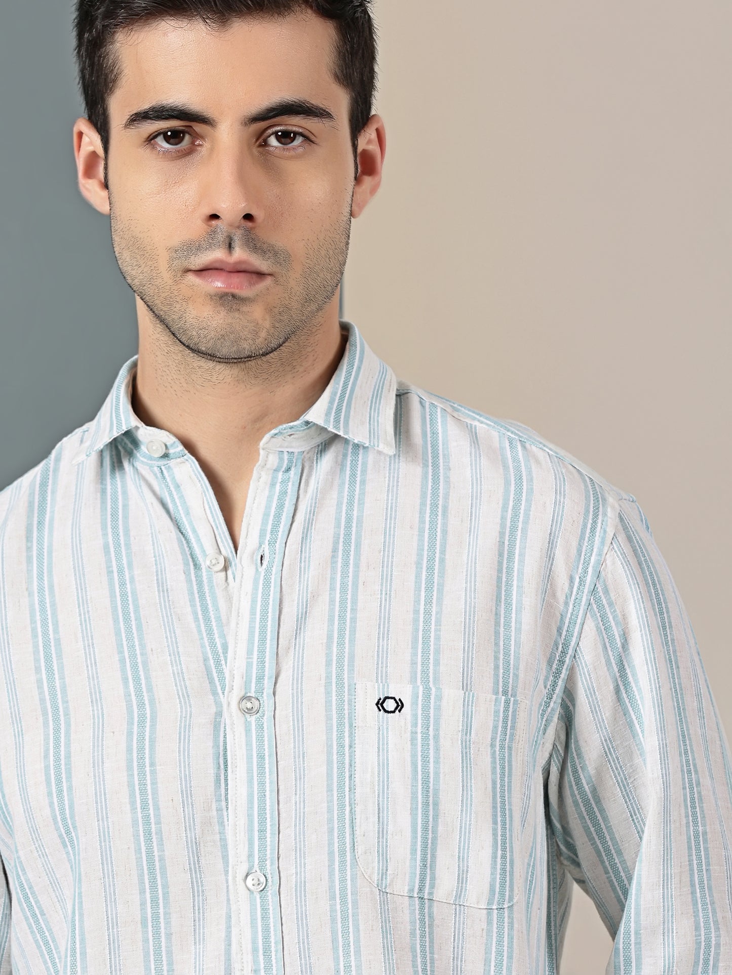 Aqua Blue Cotton-Linen Dobby Stripe Shirt