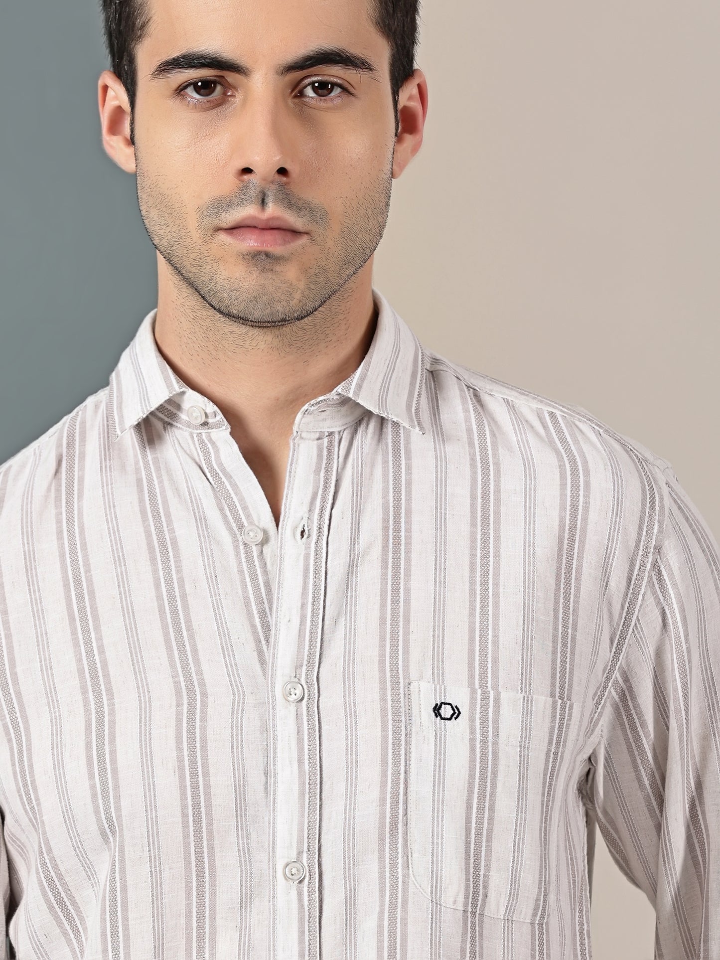 Beige Cotton-Linen Dobby Stripe Shirt